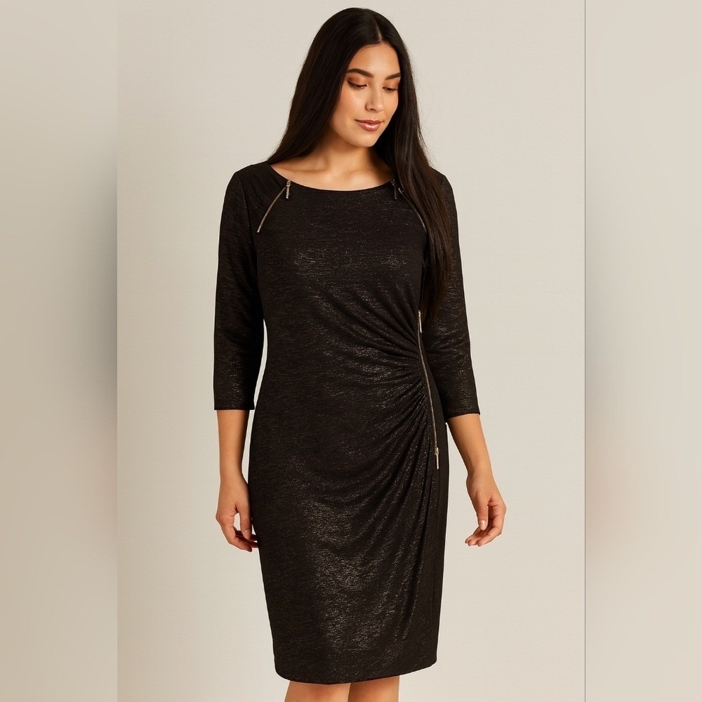 Cache Black Dress With Gold Shimmer and Gold Zipper Details size L